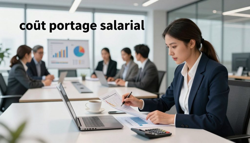 A detailed illustration representing the concept of "coût portage salarial." In the foreground, a professional woman in business attire is analyzing documents and financial reports at a sleek desk, surrounded by a laptop, a calculator, and a cup of coffee. In the middle ground, a boardroom table is lined with charts and graphs depicting financial data and cost analysis, with a few colleagues in formal clothing discussing ideas. The background features a modern office environment with large windows letting in natural light, creating an open and inspiring atmosphere. Soft, diffused lighting enhances the scene, reflecting professionalism and focus. The logo "UMALIS GROUP" is subtly integrated into the design, adding branding to the conceptual space without overpowering the main subject.