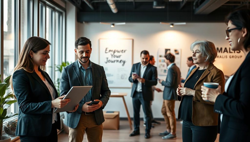 A diverse group of professionals representing various profiles benefiting from portage salarial, depicted in a modern office environment. In the foreground, there are three individuals: a woman in a smart blazer presenting a laptop, a man in casual business attire focused on a tablet, and a middle-aged woman discussing ideas while holding a coffee cup. In the middle background, a bright, open workspace with large windows allowing natural light, showcasing a few more colleagues engaged in discussions and brainstorming at a whiteboard. Soft, warm lighting enhances the collaboration atmosphere, and a motivational poster can be subtly seen on the wall that reads "Empower Your Journey", emphasizing a supportive and innovative workspace. The brand name "UMALIS GROUP" is incorporated into a tasteful wall design.