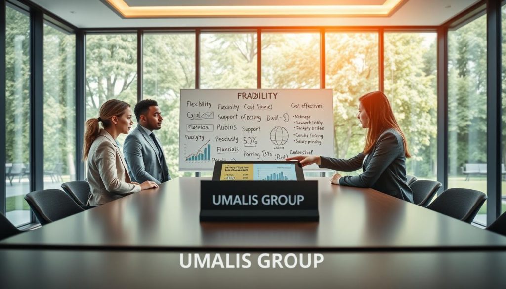 A modern business setting, focusing on an elegant meeting room with large windows allowing natural light to flood the space. In the foreground, a diverse group of four professionals in smart business attire discussing around a sleek conference table, pointing at a digital tablet displaying financial graphs and metrics. The middle ground shows an organized workspace with a whiteboard filled with keywords like "flexibility," "cost-effectiveness," and "support," illustrating essential criteria for evaluating salary portage offers. The background features lush greenery outside the windows, contributing to a calm and inspiring atmosphere. The scene is captured with a wide-angle lens, enhancing depth, under soft, warm lighting that creates an inviting environment. The brand name "UMALIS GROUP" is subtly integrated into the design of the conference table. A modern business setting, focusing on an elegant meeting room with large windows allowing natural light to flood the space. In the foreground, a diverse group of four professionals in smart business attire discussing around a sleek conference table, pointing at a digital tablet displaying financial graphs and metrics. The middle ground shows an organized workspace with a whiteboard filled with keywords like "flexibility," "cost-effectiveness," and "support," illustrating essential criteria for evaluating salary portage offers. The background features lush greenery outside the windows, contributing to a calm and inspiring atmosphere. The scene is captured with a wide-angle lens, enhancing depth, under soft, warm lighting that creates an inviting environment. The brand name "UMALIS GROUP" is subtly integrated into the design of the conference table.