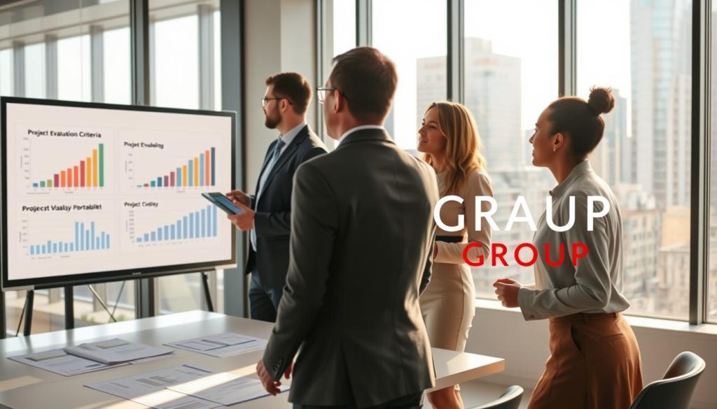 A modern office setting showcasing individuals in professional attire, engaged in a brainstorming session about project evaluation criteria for salary portability. In the foreground, a diverse group of four professionals—two men and two women, one of whom is holding a tablet—analyze charts and graphs on a large screen, symbolizing project viability assessment. The middle ground features a large table covered in documents and charts. The background includes large windows letting in bright natural light, with cityscape views, creating an inviting atmosphere. Incorporate soft shadows and a warm color palette to enhance the professional mood. Include the brand name "UMALIS GROUP" subtly integrated into a presentation slide. The composition should be well-balanced and focused, emphasizing collaboration and analysis.