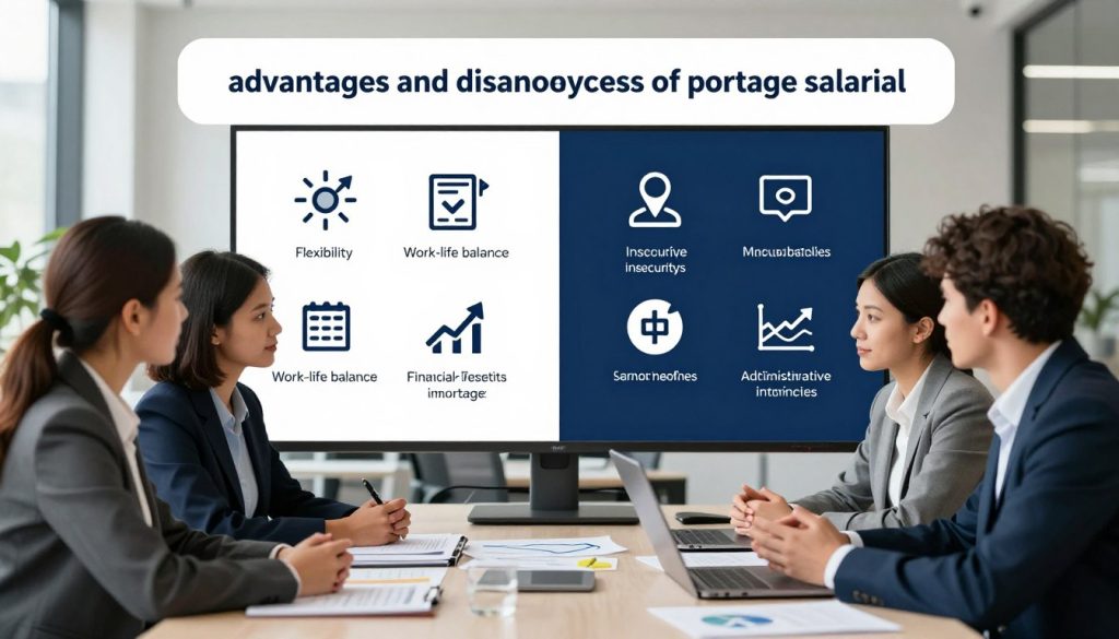 A professional and modern office setting showcasing the concept of "advantages and disadvantages of portage salarial." In the foreground, a diverse group of three professionals in business attire, engaged in discussion around a large table filled with documents and a laptop displaying relevant charts. In the middle ground, a visually balanced split-screen effect highlights two contrasting sections: on the left, symbols representing advantages such as flexibility, work-life balance, and financial growth; on the right, symbols for disadvantages like insecurity, lack of benefits, and administrative complexities. The background features large windows with natural light spilling in, enhancing the atmosphere of a productive workspace. The overall mood is informative and thoughtful, reflecting a sense of professionalism. Include the brand name "UMALIS GROUP" subtly integrated into the scene, ensuring it does not distract from the main focus.