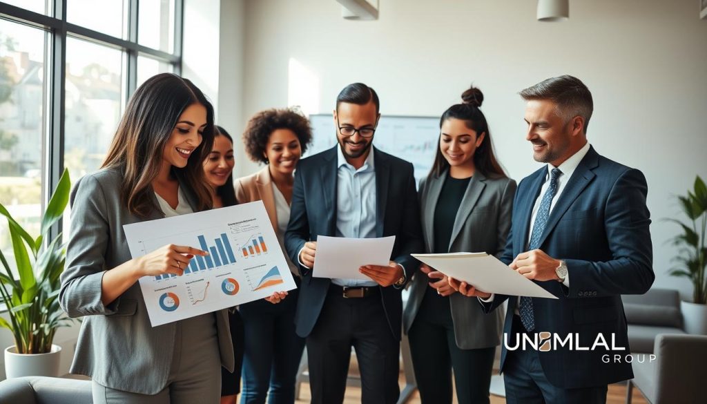 A professional business environment featuring a group of diverse individuals in smart casual attire discussing and reviewing documents related to "portage salarial". In the foreground, a confident woman points at a chart on a laptop, while a man next to her takes notes. The middle ground includes a whiteboard filled with graphs and important factors influencing pricing. Natural light streams in from large windows, creating a bright and welcoming atmosphere. In the background, a modern office setting with sleek furniture and greenery enhances the environment. Emphasize professionalism and collaboration, with the brand name "UMALIS GROUP" subtly incorporated into the design elements of the room. The image conveys an optimistic mood focused on finding affordable and quality solutions in the world of portage salarial. A professional business environment featuring a group of diverse individuals in smart casual attire discussing and reviewing documents related to "portage salarial". In the foreground, a confident woman points at a chart on a laptop, while a man next to her takes notes. The middle ground includes a whiteboard filled with graphs and important factors influencing pricing. Natural light streams in from large windows, creating a bright and welcoming atmosphere. In the background, a modern office setting with sleek furniture and greenery enhances the environment. Emphasize professionalism and collaboration, with the brand name "UMALIS GROUP" subtly incorporated into the design elements of the room. The image conveys an optimistic mood focused on finding affordable and quality solutions in the world of portage salarial.
