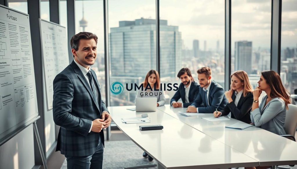 A professional business environment showcasing a "portage salarial formateur" in a modern office setting. In the foreground, a confident educator in smart business attire, standing by a large whiteboard filled with regulatory flowcharts and legal documents. The middle ground features a diverse group of engaged learners, varying in gender and ethnicity, attentively taking notes at a sleek conference table. The background displays a panoramic view of a bustling city skyline through large glass windows, providing a sense of a vibrant work atmosphere. Soft, natural light pours in, highlighting the thoughtful expressions of the participants. The overall mood is focused and optimistic, emphasizing collaboration and the practical aspects of the portage salarial framework, with the logo "UMALIS GROUP" subtly integrated in the office decor.