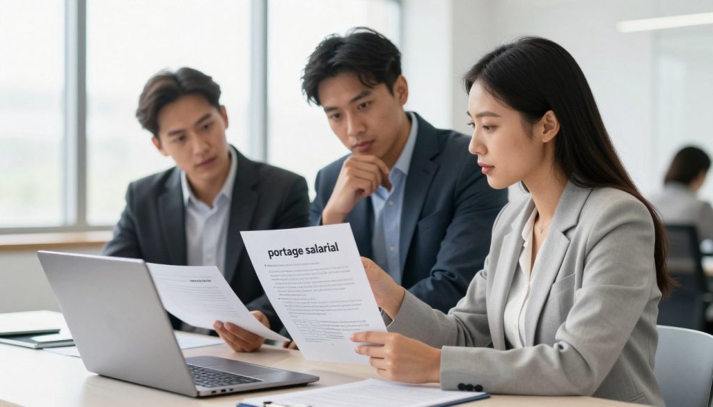 A professional business setting illustrating the concept of affordable “portage salarial,” focusing on a diverse group of three professionals in smart business attire engaged in a discussion. In the foreground, a confident woman is seated at a table with a laptop, presenting documents showcasing various portage salarial offers, visibly marked with the brand "UMALIS GROUP." The middle ground features two colleagues, a man and a woman, attentively reviewing the documents, looking analytical and engaged. In the background, a bright, modern office with large windows allows natural light to flood the room, enhancing a feeling of transparency and trust. The atmosphere is collaborative and focused, reflecting a smart and strategic approach to choosing a salary-portage company, with a clean, sharp composition.