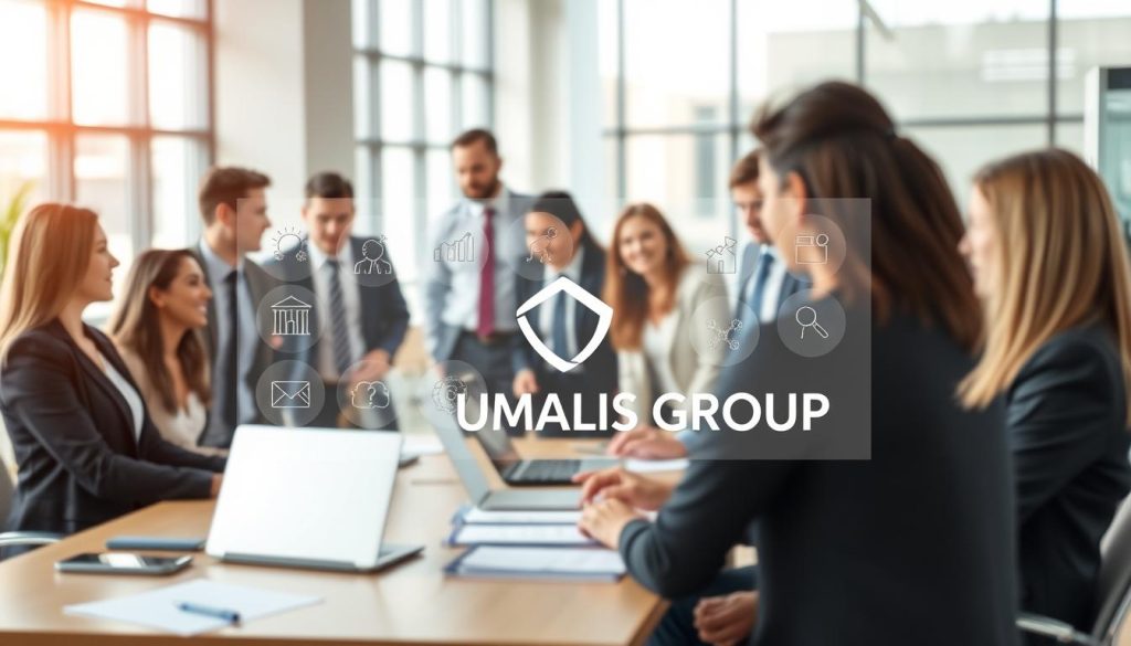 A professional business setting illustrating the concept of part-time portage salarial. In the foreground, a diverse group of individuals dressed in smart business attire, engaged in a discussion around a table filled with laptops and documents. In the middle, a transparent overlay showcasing various professional activity icons, representing different part-time jobs. The background features a modern office environment with large windows allowing natural light to flood the space, creating a warm and inviting atmosphere. Use a soft focus lens effect for a juxtaposition between the detailed figures in the foreground and the slightly blurred office setting, emphasizing collaboration and professionalism. Include the brand logo "UMALIS GROUP" subtly integrated into the workspace to enhance branding without overwhelming the composition. The mood should convey a sense of opportunity and empowerment.