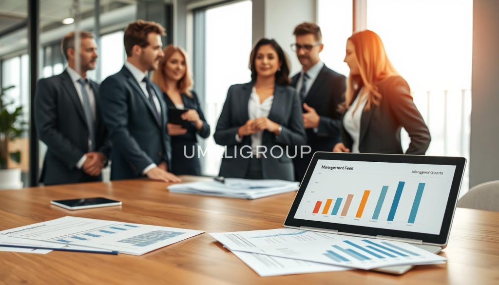 A professional business setting showcasing a modern office environment. In the foreground, a sleek wooden desk with financial documents and a laptop displaying graphs, highlighting management fees in a clear and organized manner. In the middle ground, a diverse group of business professionals dressed in smart attire engage in a discussion, their expressions serious and focused on comparing costs. The background features a large window with soft natural light flooding the room, creating a bright and optimistic atmosphere. The scene captures an air of professionalism and teamwork, emphasizing the importance of transparency in management fees. The brand name "UMALIS GROUP" is subtly integrated into the decor, enhancing the corporate ambiance. A professional business setting showcasing a modern office environment. In the foreground, a sleek wooden desk with financial documents and a laptop displaying graphs, highlighting management fees in a clear and organized manner. In the middle ground, a diverse group of business professionals dressed in smart attire engage in a discussion, their expressions serious and focused on comparing costs. The background features a large window with soft natural light flooding the room, creating a bright and optimistic atmosphere. The scene captures an air of professionalism and teamwork, emphasizing the importance of transparency in management fees. The brand name "UMALIS GROUP" is subtly integrated into the decor, enhancing the corporate ambiance.
