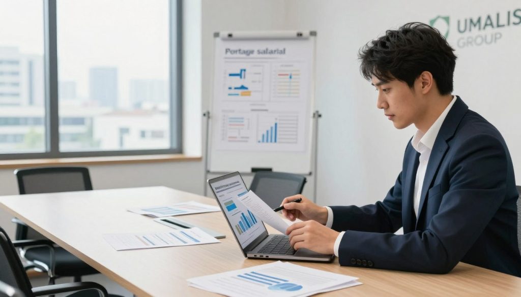 A professional business setting showcasing the concept of validating a portage salarial project. In the foreground, a focused individual in smart business attire, analyzing documents and graphs on a laptop, epitomizing the assessment of project viability. In the middle ground, a modern conference table loaded with data sheets and a whiteboard filled with strategic plans, illustrating collaboration. The background features large windows revealing a cityscape, implying opportunity and growth. Soft, natural lighting brightens the scene, creating an optimistic atmosphere. The overall mood is one of determination and professionalism, with a subtle branding element of "UMALIS GROUP" integrated into the workspace decor. The angle captures both the individual and the workspace, emphasizing focus and professionalism.