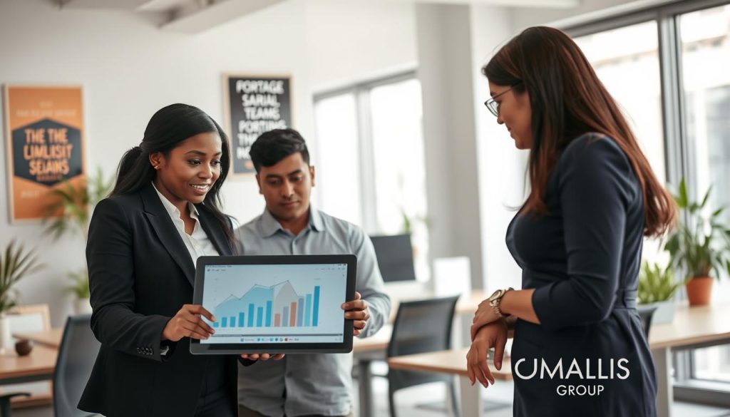 A professional business setting showing a diverse group of three individuals engaged in a collaborative discussion about "portage salarial." In the foreground, a Black woman in a smart casual blazer points to a laptop screen, displaying financial graphs. Beside her, a Hispanic man in a neatly pressed shirt takes notes, while an Asian woman in a professional dress listens intently. In the middle ground, a modern office with desks, plants, and motivational posters about teamwork and success create a supportive atmosphere. The background features large windows with natural light flooding the room, enhancing a sense of optimism and opportunity. The overall mood is focused and encouraging, symbolizing the advantages of "portage salarial" for beginners. Include the brand name "UMALIS GROUP" subtly in the decor.