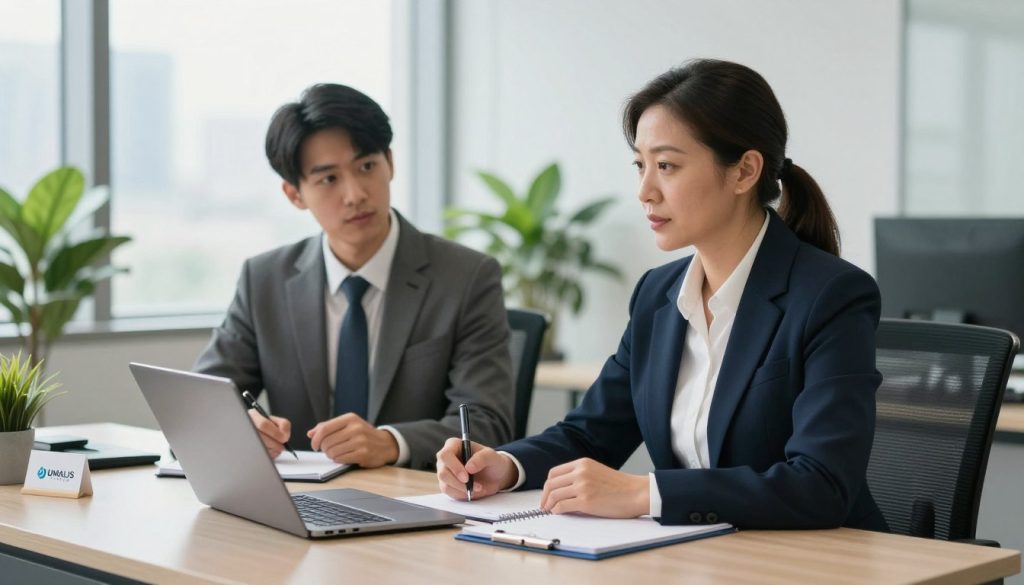 A professional coach, dressed in smart business attire, is engaged in a focused discussion with a client in a bright, modern office setting. In the foreground, the coach, a middle-aged woman with dark hair, sits confidently at a sleek desk with a laptop and note-taking materials. The middle ground features the client, a young man in a tailored suit, actively listening and taking notes, reflecting engagement in personal development. The background showcases large windows with city views and plants, creating a vibrant atmosphere. Soft, natural lighting filters through the space, enhancing a sense of professionalism and clarity. The UMALIS GROUP logo subtly appears on a business card displayed on the desk. The overall mood reflects empowerment and growth in a supportive coaching environment.