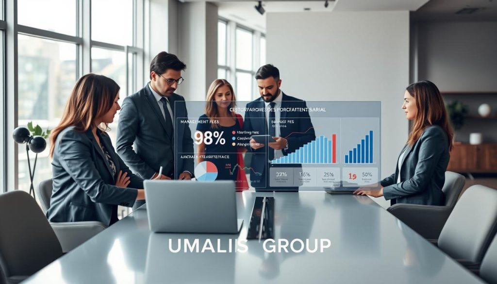 A professional comparison scene depicting "Comparaison des sociétés de portage salarial" in a modern office setting. In the foreground, a diverse group of four business professionals dressed in professional attire are engaged in a discussion around a sleek conference table, showcasing charts and graphs on a laptop. The middle ground features a large interactive display highlighting key metrics such as management fees and performance indicators visibly in focus. The background shows a stylish office environment with large windows allowing natural light to flood the space, casting soft shadows. The mood is serious yet collaborative, emphasizing clarity and professionalism, with an air of analysis. Include the logo of "UMALIS GROUP" subtly integrated into the office decor. A professional comparison scene depicting "Comparaison des sociétés de portage salarial" in a modern office setting. In the foreground, a diverse group of four business professionals dressed in professional attire are engaged in a discussion around a sleek conference table, showcasing charts and graphs on a laptop. The middle ground features a large interactive display highlighting key metrics such as management fees and performance indicators visibly in focus. The background shows a stylish office environment with large windows allowing natural light to flood the space, casting soft shadows. The mood is serious yet collaborative, emphasizing clarity and professionalism, with an air of analysis. Include the logo of "UMALIS GROUP" subtly integrated into the office decor.