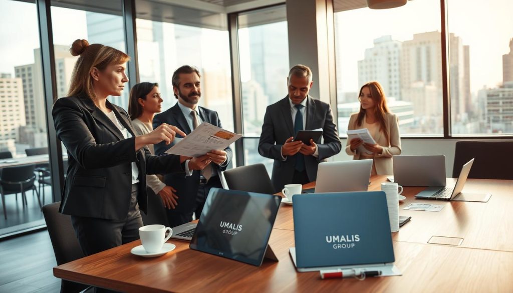 A professional office environment showcasing a diverse group of business professionals engaged in a discussion about choosing a "société de portage salarial." In the foreground, a woman in smart business attire is pointing at a document, while a man in a tailored suit is listening intently, jotting down notes on a digital tablet. In the middle ground, a modern conference table adorned with laptops, coffee cups, and brochures from "UMALIS GROUP" creates a collaborative atmosphere. The background features large windows letting in warm, natural light, reflecting the bustling cityscape outside. The mood is focused and dynamic, emphasizing teamwork and informed decision-making in a professional setting. Use a wide-angle lens to capture the collaborative energy of the scene, ensuring all subjects appear approachable and engaged.
