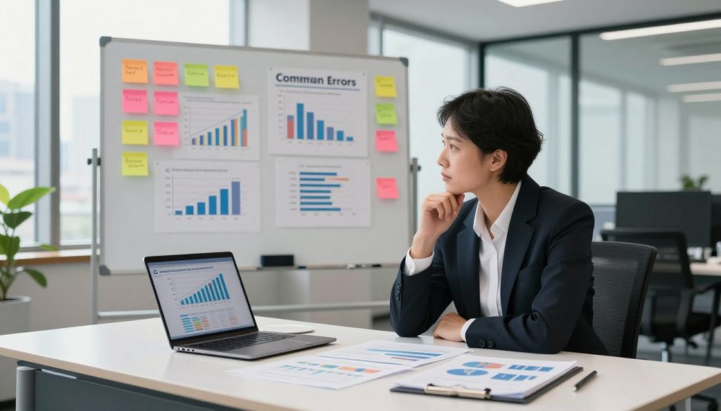 A professional office environment showcasing a modern workspace. In the foreground, a thoughtful business professional, dressed in smart business attire, sits at a sleek desk cluttered with financial documents, charts, and a laptop displaying graphs of management fees. In the middle, a large whiteboard filled with colorful post-it notes and comparison charts symbolizes common errors in financial assessments. In the background, large windows allow natural light to flood the room, illuminating a cityscape outside, indicating an urban business context. The atmosphere is focused and analytical, evoking a sense of determination and clarity. The logo “UMALIS GROUP” subtly featured on the desk.