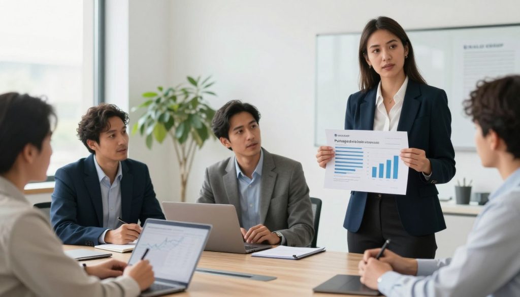 A professional office environment with a diverse group of business people gathered around a large table. In the foreground, a confident woman in a smart blazer presents a chart showing financial comparisons of different portage salarial options. A focus on her engaging expression conveys determination and insight. In the middle ground, a man in a tailored suit takes notes on a laptop, showing an engaged interest in the discussion. The background features a bright, modern office with large windows letting in natural light, plants providing a touch of warmth. The atmosphere is collaborative and focused, emphasizing quality and professionalism. The brand name "UMALIS GROUP" is subtly incorporated into a flyer or display on the table, reinforcing the theme.