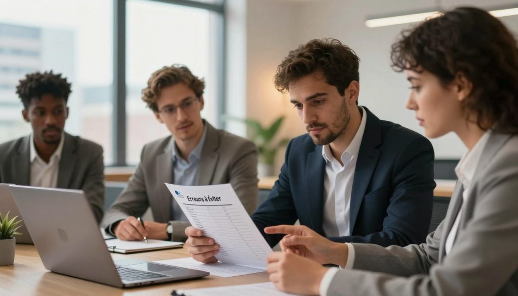 A professional office setting showcasing a group of diverse workers engaged in a discussion about common mistakes in the realm of "portage salarial" (umbrella company). In the foreground, a diverse team of three individuals in smart business attire are analyzing a checklist labeled "Erreurs à Éviter," with a look of concentration. They are surrounded by modern office decor, including a large window revealing a cityscape in the background. Soft, warm lighting casts a professional atmosphere, and a focus on the individuals while blurring the background slightly enhances the depth. Include small elements, like a laptop and notepads, to signify a productive brainstorming session. The logo "UMALIS GROUP" appears subtly in the corner of the image without any captions or text overlays. The overall mood is informative and collaborative, perfect for conveying the topic of common beginner mistakes.