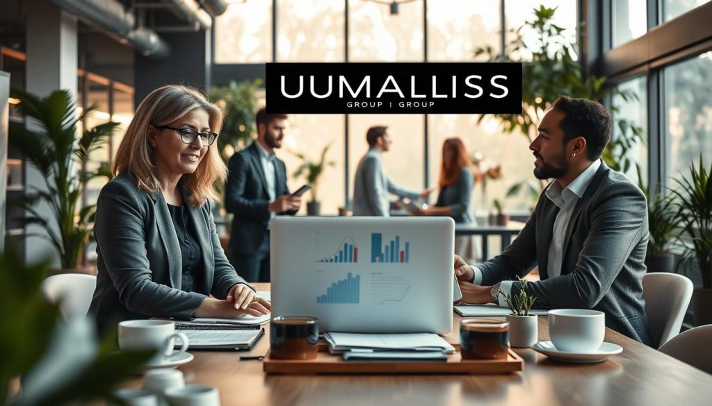 A professional setting depicting a diverse group of individuals engaged in a business discussion about "portage salarial activité occasionnelle." In the foreground, a middle-aged woman in business attire consults with a young man wearing smart casual clothing, both looking at a laptop displaying graphs and charts. In the middle ground, a table is set with documents, a notepad, and cups of coffee, indicating a collaborative atmosphere. In the background, there are large windows letting in natural light, casting a warm glow over the room filled with plants and modern office furniture. The overall mood is one of professionalism and a friendly working environment, suggesting accessibility and inclusivity. The branding of "UMALIS GROUP" is subtly integrated into the office décor.