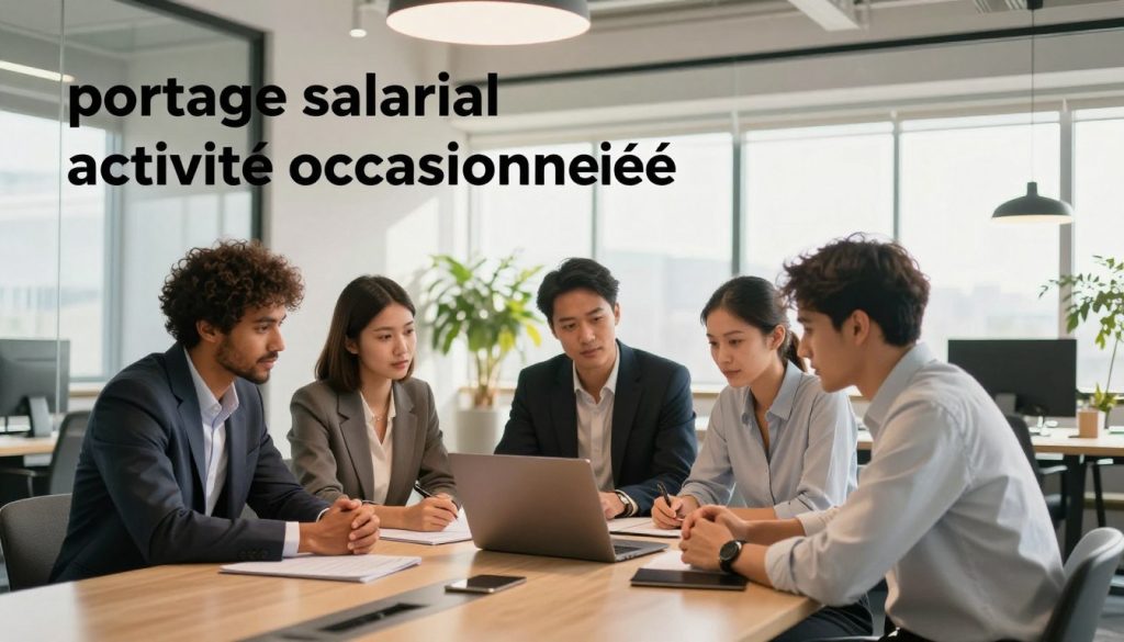 A professional setting illustrating "portage salarial activité occasionnelle". In the foreground, a diverse group of four business professionals—two men in tailored suits, one woman in a smart blouse and trousers, and a young man in a neat casual shirt—are engaged in a collaborative discussion over a laptop on a modern conference table. The middle ground showcases a bright, open office with large windows allowing natural light to flood in, casting soft shadows. The background features potted plants and glass partitions, enhancing a contemporary atmosphere. The overall mood is focused and productive, reflecting the essence of occasional work and flexibility in business. Soft, warm lighting enhances a welcoming environment. Include subtle branding for "UMALIS GROUP" in the workspace decor, ensuring a cohesive theme.