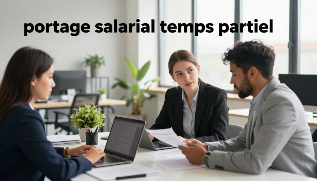 A professional setting illustrating the concept of "portage salarial temps partiel." In the foreground, a diverse group of three individuals, dressed in smart business attire, are engaged in a collaborative discussion over a laptop and paperwork at a sleek modern table. In the middle, a well-organized workspace with neutral colors, featuring plants and contemporary office supplies that enhance a professional atmosphere. The background shows large windows with soft natural light pouring in, creating a warm and inviting environment. The mood is one of productivity and teamwork, symbolizing the benefits of part-time salary portage. Include a discreet logo of "UMALIS GROUP" on a nearby document. Use a slightly angled view to add depth, capturing the essence of a dynamic yet professional workspace.