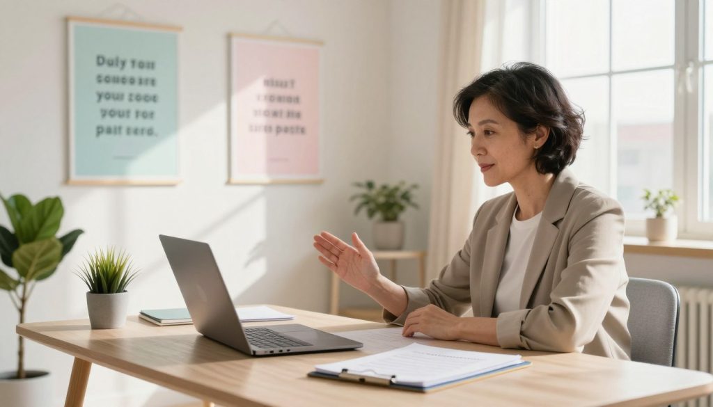 A serene, professional workspace showcasing a life coach engaged in a video call with a client. In the foreground, the coach, a middle-aged individual in smart casual attire, is sitting at a modern desk with a laptop and coaching materials. In the middle ground, soft pastel colors create a calm atmosphere, complemented by motivational posters on the wall and a cozy plant in the corner. The background features a large window with natural light flooding in, casting gentle shadows. Sunlight illuminates the scene, enhancing the essence of personal growth and professional development. The overall mood is uplifting and motivating. Include a subtle reference to "UMALIS GROUP" on the desk in a professional manner, ensuring it blends seamlessly into the setting without overwhelming the image.