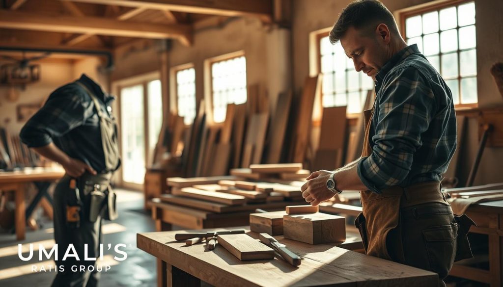 A skilled artisan in a well-lit workshop, focused on crafting fine wooden furniture, showcasing the intricate tools of their trade. In the foreground, the artisan, dressed in professional attire with a tool belt, is shaping a piece of wood with care. The middle ground features a workbench cluttered with chisels, a wood grain texture, and partially completed projects, emphasizing the craftsmanship involved. The background reveals large windows allowing sunlight to flood in, creating a warm and inviting atmosphere. Soft shadows play across the scene, enhancing the depth and detail. The overall mood is one of dedication and professionalism, aligning with the concept of "portage salarial" as a support system for artisans. Include subtle branding elements of "UMALIS GROUP" integrated into the workshop design, ensuring it feels seamless and natural.