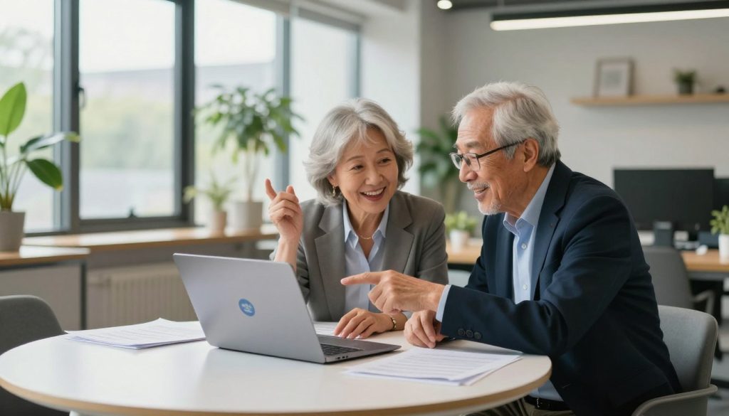 A vibrant office setting with a retired professional couple, both in smart casual attire, collaborating at a round table covered with documents and a laptop. The scene captures their enthusiasm for work, symbolizing the concept of 'portage salarial.' In the foreground, the couple is engaged in lively discussion, with one pointing at the laptop screen. In the middle ground, a soft-focus backdrop features large windows allowing beautiful natural light to pour in, illuminating plants and a modern workspace. The atmosphere is dynamic and positive, reflecting empowerment and the advantages of combining retirement with active work. A subtle logo of "UMALIS GROUP" is positioned discreetly on the laptop screen. The image is composed in a wide-angle shot to convey openness and collaboration.