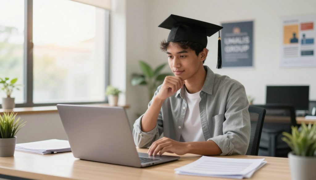 A young graduate, dressed in smart casual attire, sits at a modern desk in a bright, airy office space. The foreground features a laptop with documents scattered around, showcasing a sense of productivity and professionalism. In the middle, the graduate, a young person of diverse background, is focused on their work, with a thoughtful expression, symbolizing ambition and new beginnings. The background displays large windows letting in warm natural light, with plants and motivational posters on the walls to create an inspiring atmosphere. The overall mood is optimistic and empowering, depicted in a soft, inviting color palette. The logo of "UMALIS GROUP" is subtly integrated into the workspace decor, enhancing the professionalism of the scene.