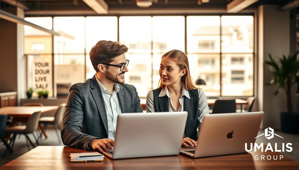 A young professional couple engaged in a discussion at a modern co-working space, showcasing the advantages of "portage salarial". The foreground features two individuals in professional attire: a male wearing a smart casual blazer and a female in a sleek blouse, both looking energized and focused with laptops open in front of them. In the middle ground, a stylish workspace is visible, with contemporary furniture and motivational decor emphasizing collaboration. The background reveals large windows allowing warm natural light to flood the room, creating an inviting atmosphere. Include the brand logo "UMALIS GROUP" subtly in the corner of the workspace. The overall mood is optimistic and inspiring, ideal for young graduates beginning their careers.