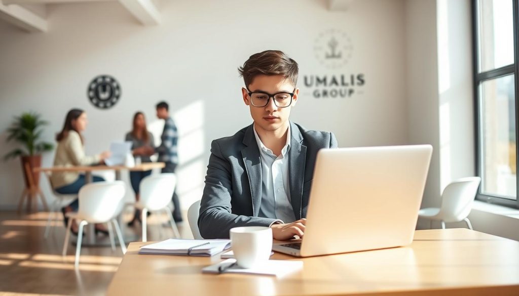 A young professional in a smart casual outfit, seated at a modern desk in a bright, open workspace. The individual is thoughtfully reviewing a laptop screen, preparing for a meeting, surrounded by notes and a coffee cup. In the background, other young professionals engage in discussions, representing a collaborative environment. Natural light streams through large windows, creating a vibrant and inviting atmosphere. On the wall, there's a logo of "UMALIS GROUP" subtly visible, suggesting a brand presence. The scene captures the essence of young graduates exploring alternatives to traditional employment, embodying ambition and professionalism. The composition should be framed with a slight depth of field, focusing on the individual while gently blurring the background for a clean, polished look.