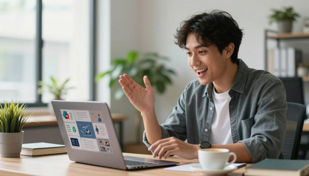 A young professional in smart casual attire, engaged in a video conference on a laptop, surrounded by a modern workspace filled with plants, books, and a coffee cup. In the foreground, focus on the person's expressive face showing enthusiasm as they discuss project opportunities. In the middle, emphasize the laptop screen displaying visual elements of various sectors like technology, marketing, and education. The background features soft-focus elements of a bright and airy office environment, with large windows letting in natural light, casting gentle shadows. The overall mood is energetic and optimistic, conveying a sense of possibility for young graduates. Include subtle branding of "UMALIS GROUP" on a notepad next to the laptop.