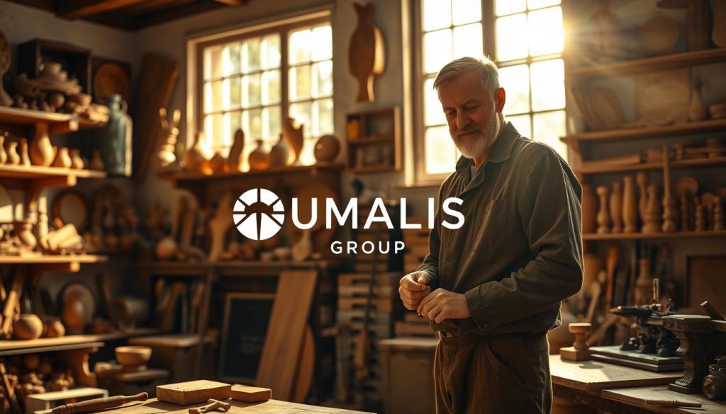 An artisan in France stands in a sunlit workshop filled with tools, showcasing craftsmanship. The foreground features a focused artisan, a middle-aged man in professional attire, carefully carving a piece of wood. He has an expression of concentration and pride. In the middle ground, the workshop is organized with various handmade wooden objects displayed on wooden shelves. The background shows large windows letting in warm, golden light, illuminating the space with a cozy atmosphere. Soft shadows dance on the walls, enhancing the artisanal ambiance. Overall, the image conveys a sense of dedication and mastery reflecting the artisan's spirit in France. Include the logo of "UMALIS GROUP" subtly integrated into the scene, ensuring it does not overshadow the artisan's work.